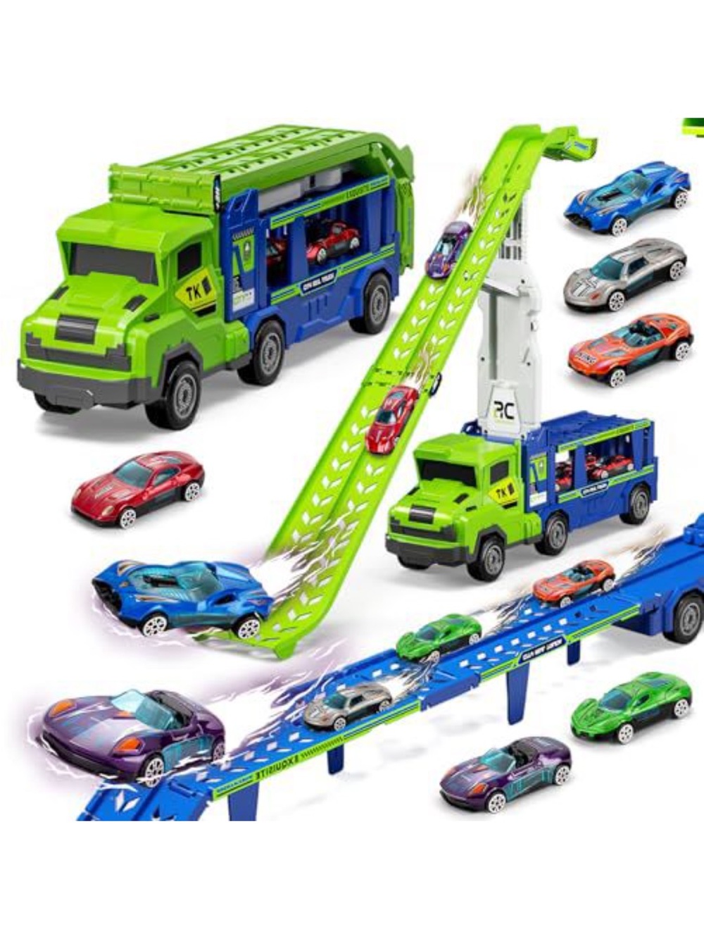 Kids Green and Blue Race Truck Playset with Mini Cars - Brand Unknown
